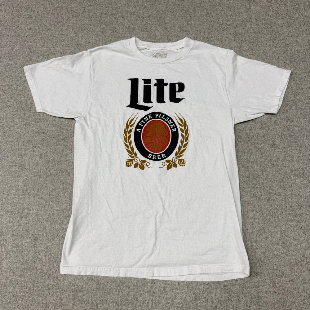 Tee Luv Miller Lite Graphic T-Shirt Size Medium White Fine Pilsner Beer Logo Tee